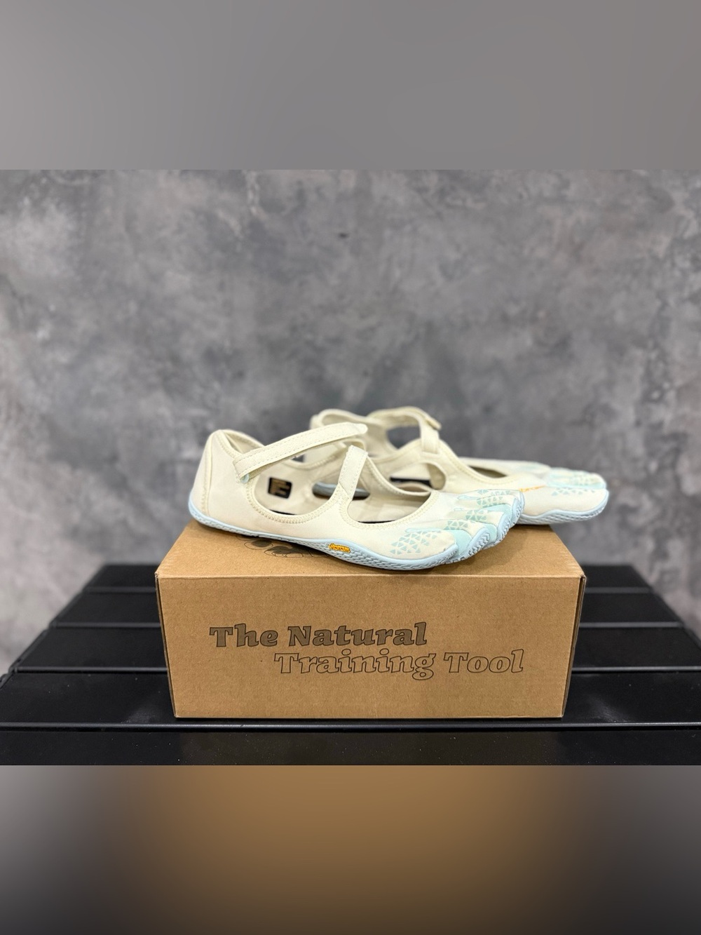 Vibram Cream Mary Jane Flats with Light Blue Accents